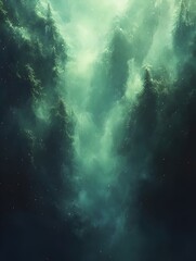 A serene and mystical landscape featuring dense evergreen trees shrouded in a soft, ethereal mist. The emerald hues create a tranquil and enchanting atmosphere.