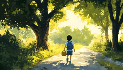 Fototapeta premium A young boy walks along a sunlit path, surrounded by lush trees, evoking a sense of adventure and wonder in nature.