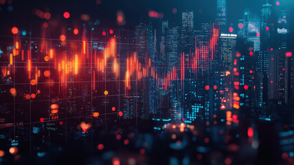 Fototapeta premium Analyzing Stock Market Trends with Double Exposure of Candlestick Charts and City Skyline