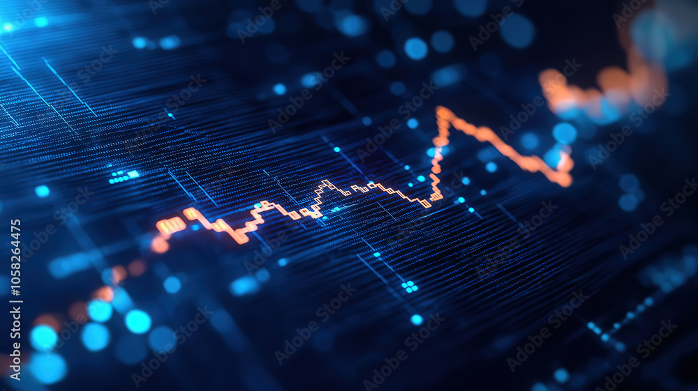Poster closeup financial chart displaying an uptrend line candlestick graph on a blue monitor background