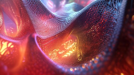 A complex holographic 3D mesh with intricate patterns and radiant light effects, creating