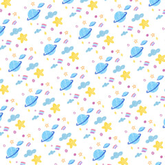 seamless pattern with yellow star , blue cloud, rainbow and blue planet 