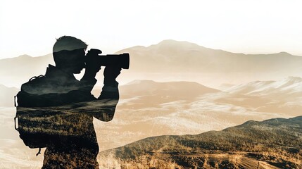 Silhouette of photographer in mountainous landscape.
