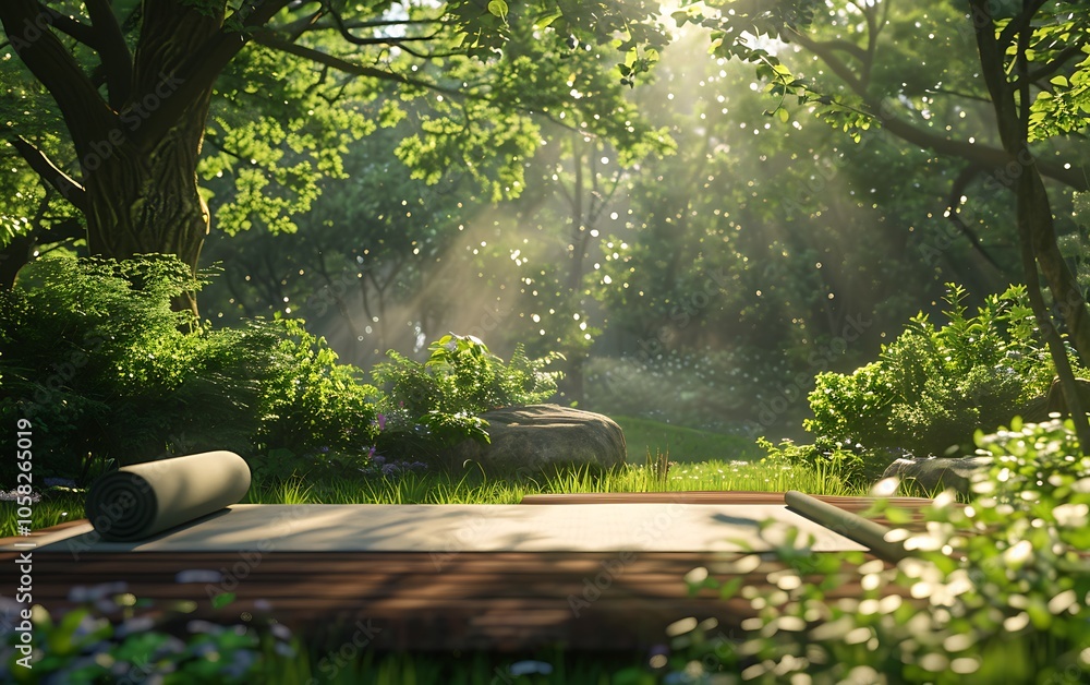 Poster a tranquil forest scene with soft sunlight filtering through the trees, highlighting a peaceful medi