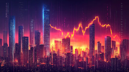 Cityscape backdrop showcasing a financial chart with a line graph representing stock market trends