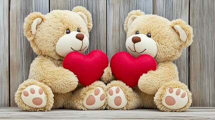 Two charming teddy bears, one brown and one white, tenderly holding heartshaped red felt hearts against a rustic wooden backdrop