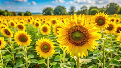 Fototapeta premium A golden sunflower field with tall yellow flowers and green foliage on a warm summer day, nature, yellow, sunny day, rural