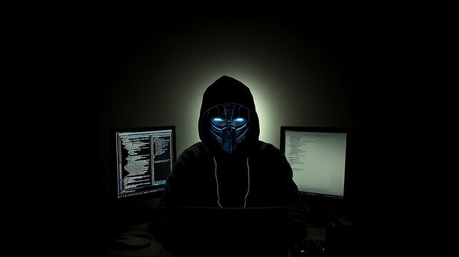 Dark and shadowy image of a hacker in a dimly lit room, with only the glow of computer screens illuminating their face as they enact a complex cyber attack.