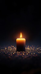 A glowing candle illuminating a dark space with warm, soft light and sparkles around it.