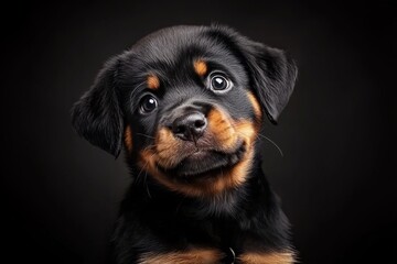 Mystic portrait of baby Rottweiler in studio, copy space on right side, Headshot, Close-up View, isolated on black background