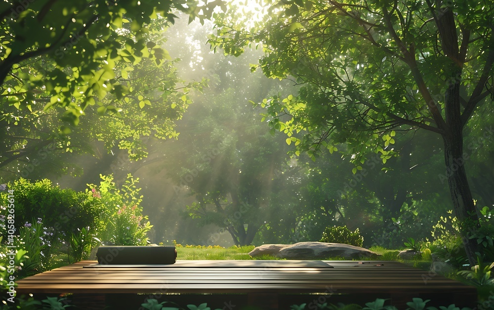 Poster a serene forest scene with soft sunlight filtering through lush green trees, illuminating a wooden p