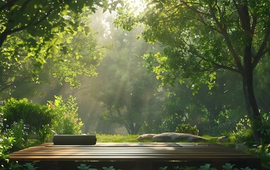 Fototapeta premium A serene forest scene with soft sunlight filtering through lush green trees, illuminating a wooden platform surrounded by nature.