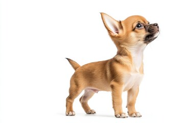 the beside view baby Chihuahua standing, left side view, low angle, white copy space on right, Isolated on White Background