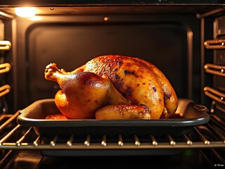 Roast chicken on the oven tray  in an oven