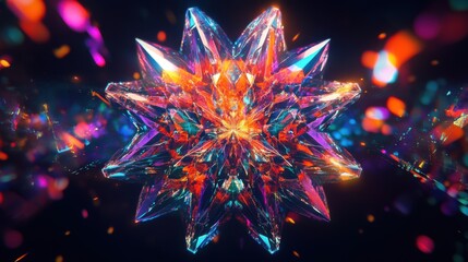 A mesmerizing holographic 3D shape with intricate geometric patterns and vibrant, shifting