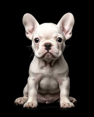 Fototapeta premium the baby French Bulldog front view, white copy space on right, Isolated on black Background