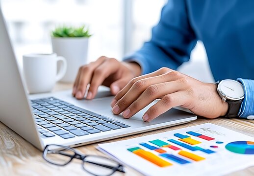 Man Working on Laptop with Coffee and Glasses