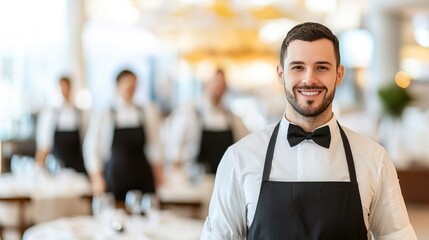Waitstaff in Uniform Preparing Tables for Service