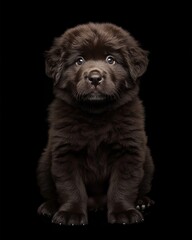 Fototapeta premium the baby Newfoundland front view, white copy space on right, Isolated on black Background