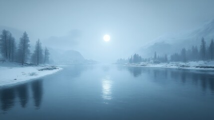 Fototapeta premium A serene, misty winter scene with a still lake, snow-covered mountains, and a bright moon in the sky.