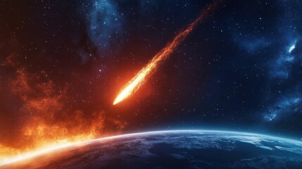 A fiery meteor streaks through space towards Earth, highlighting cosmic dynamics.