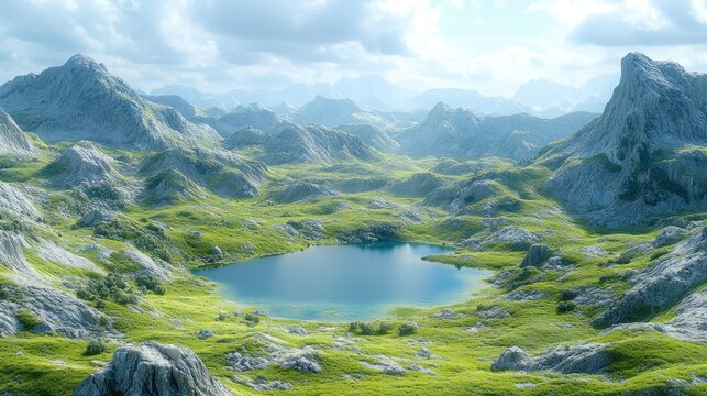 A serene mountain lake nestled amidst rolling hills. - Powered by Adobe