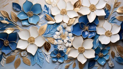 Decorative mural with blue flowers and golden leaves, elegant background design for wedding photo album, floral backdrop with rich details and soft tones

