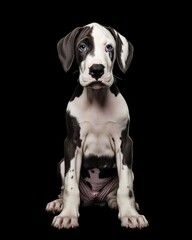 Fototapeta premium the baby Great Dane front view, white copy space on right, Isolated on black Background