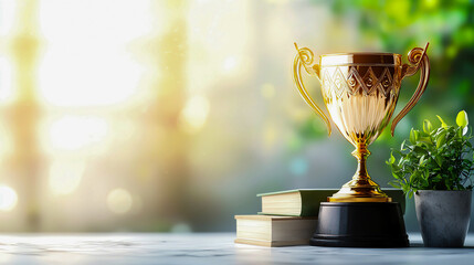 Golden trophy on table with books and plant, sunny background.