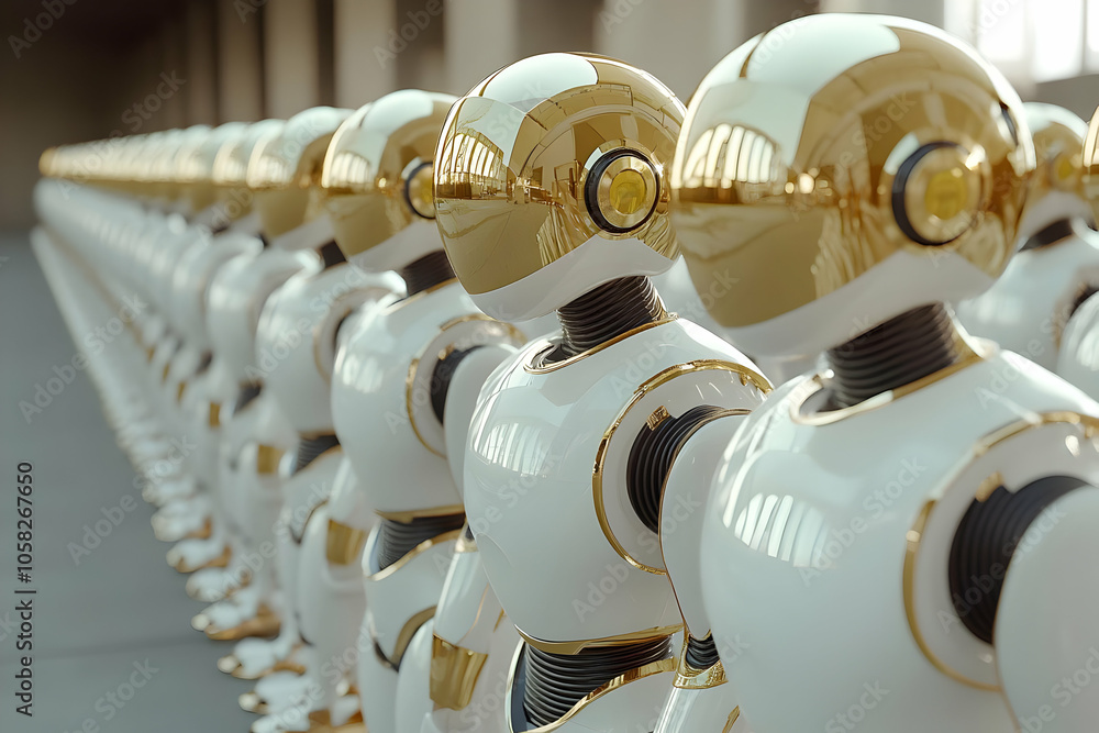 Poster 3d illustration of ai robots army standing in line