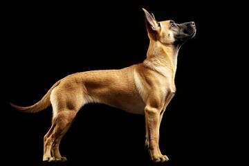 the beside view baby Belgian Malinois standing, left side view, low angle, white copy space on right, Isolated on black Background
