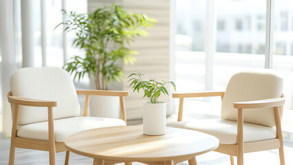 Modern living room with wooden furniture and green plant in cozy natural light.