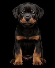 Fototapeta premium the baby Rottweiler front view, white copy space on right, Isolated on black Background