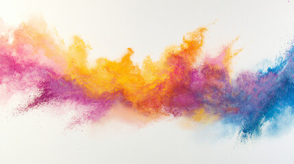 Holi color powder explosion in a rainbow of colors against a clean white background. colorful paint color powder explosion isolated white panorama background. Vibrant explosion of colorful powder. 