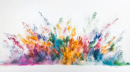 Fototapeta premium Holi color powder explosion in a rainbow of colors against a clean white background. colorful paint color powder explosion isolated white panorama background. Vibrant explosion of colorful powder. 