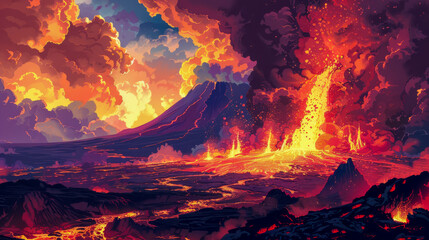 Fiery and intense volcanic eruption with flowing lava under dark clouds