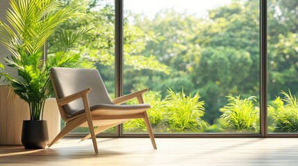 Fototapeta premium Modern Chair by Window with Lush Greenery Outside