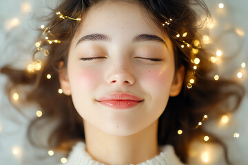 Woman with closed eyes, surrounded by soft lights, expressing peace and serenity.