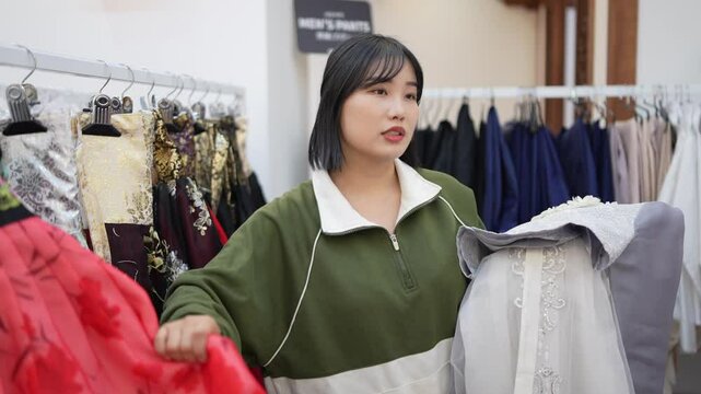 A Korean couple, a man in his 30s and a woman in her 20s, are harmoniously choosing clothes to wear at a hanbok rental shop in Seoul, South Korea.