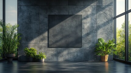 Fototapeta premium Close-up 4K mockup of a blank 20 cm x 30 cm horizontal poster on a matte black wall with soft ambient light