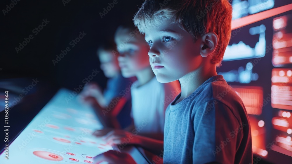 Poster a focused child interacts with futuristic screens, surrounded by soft lighting and data displays, sh