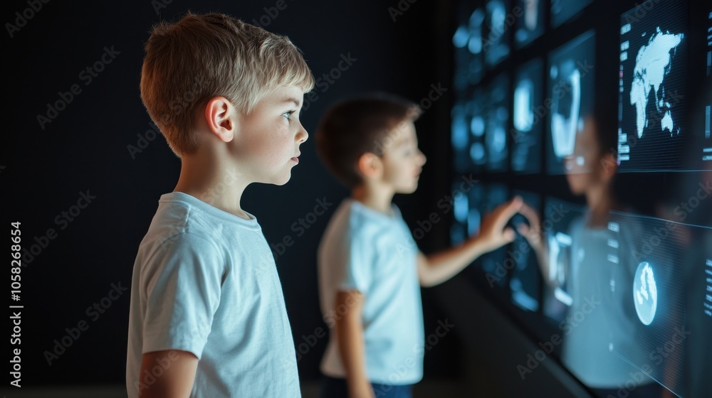 Poster two young boys interact with a high-tech display, exploring a futuristic environment filled with dig