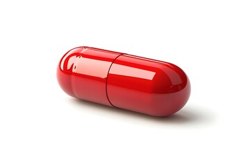 Glossy red pill resting on a white background, symbolizing medication, pharmaceuticals, and healthcare