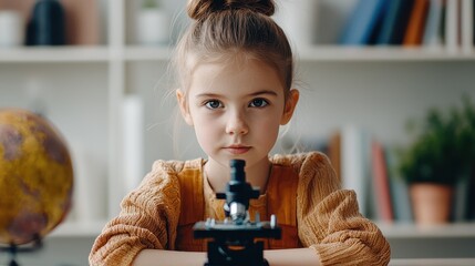 A focused young girl examines samples through a microscope, showcasing curiosity and a passion for science in a comfortable learning environment.