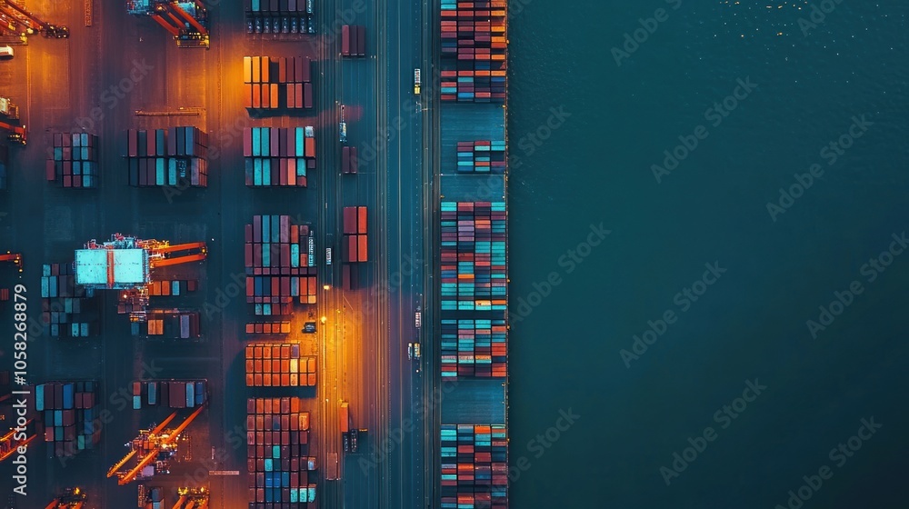 Poster aerial view of a busy shipping port with containers and cranes at night.