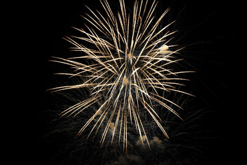 Naklejka premium Holiday fireworks explode in the night sky. Selective focus.