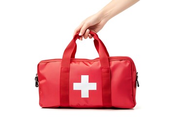 Female hand holding red first aid medical kit bag isolated on white background