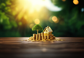 A golden house and tree stand on a pile of gold coins against a blurred background of green foliage and sunlight.