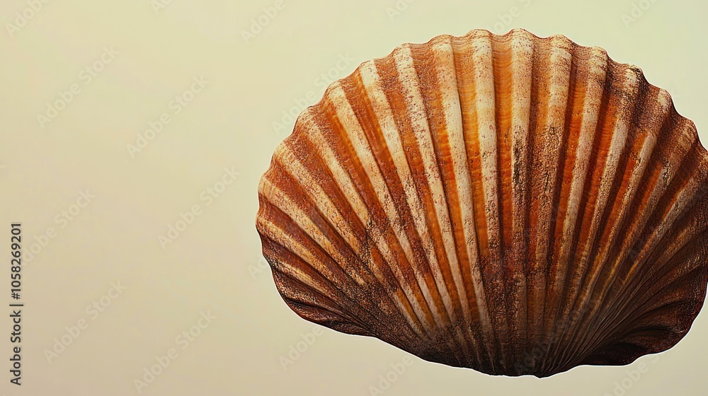 Poster a close-up of a scallop shell with textured ridges.