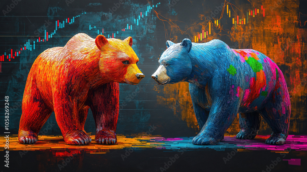 Poster exploring market dynamics with textured bull and bear graphics in stock trading